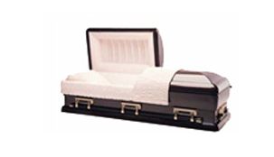 Black-and-white open coffin with a lined interior and gold handles