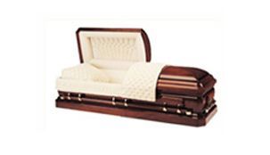 White casket with brown trim and open lid on a plain white background