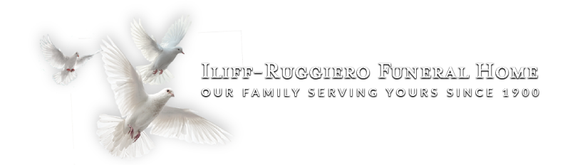 White banner logo for Iliff-Ruggiero Funeral Home with a dove and the tagline "Our family serving yours since 1998"