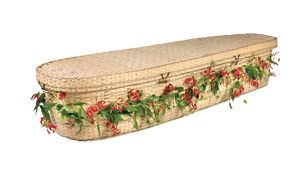 Rectangular wicker storage basket with beige lid and floral vine trim