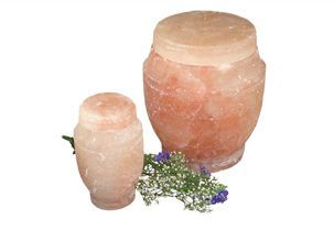 Two pink Himalayan salt lamps, one large and one small, with a small flower arrangement.