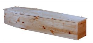 Wooden coffin with a light natural finish, shown on a white background