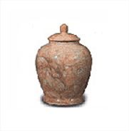 Small brown ceramic jar with a lid on a white background