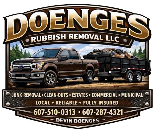 Logo for Doenges Rubbish Removal, featuring green text on a navy blue oval, with phone number below.