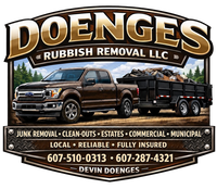 Logo for Doenges Rubbish Removal, featuring green text on a navy blue oval, with phone number below.