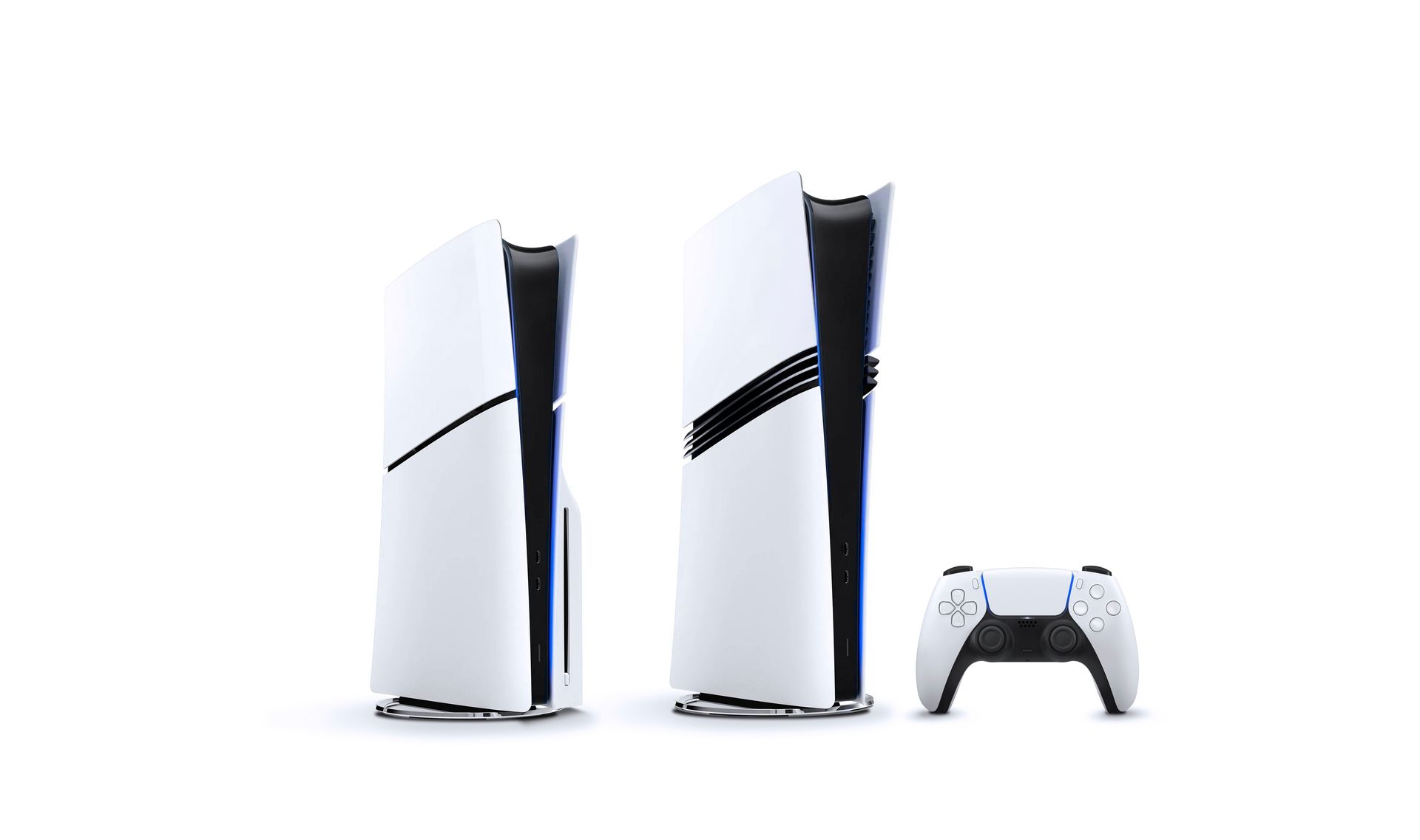 Two white and black PlayStation 5 consoles, one with a disc drive, with a matching controller.