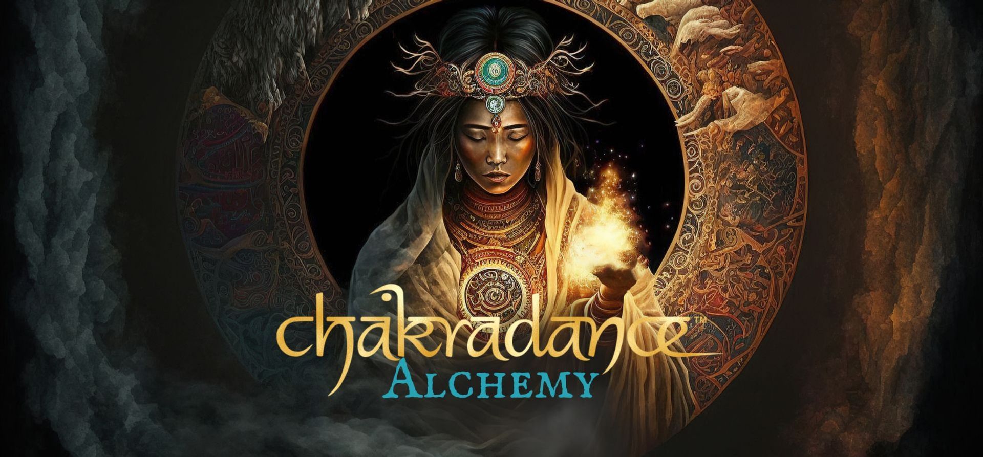 Chakradance Alchemy-plakat med en lysende kvinde centreret i en mørk, cirkulær mandala