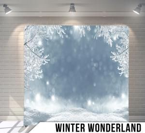 A winter wonderland backdrop with snowflakes on a brick wall.
