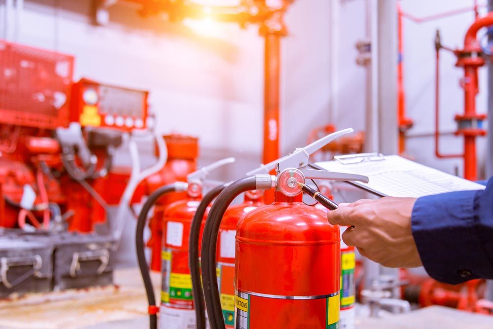 Person Inspecting Fire Extinguishers in an Industrial Setting — Hunter Fire & Safety in Edgeworth, NSW