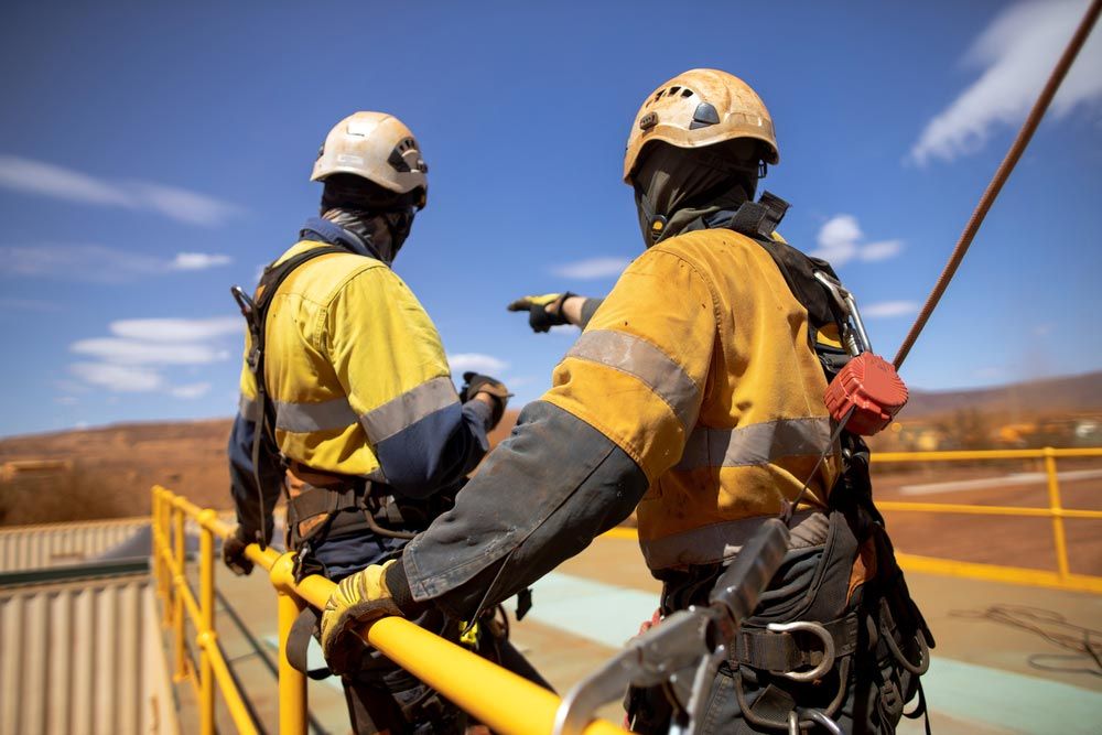 Two Workers in Safety Gear on a Structure, One Pointing, With a Blue Sky Background — Hunter Fire & Safety in Edgeworth, NSW