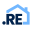 .RE logo: Blue house shape over dark blue 