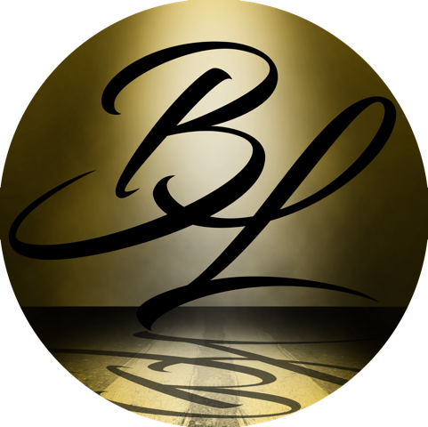Gold circular logo with black cursive initials and a mirrored reflection on a dark base