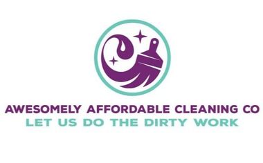 Logo for Awesomely Affordable Cleaning Co: purple brush and droplet inside teal circle; text below.