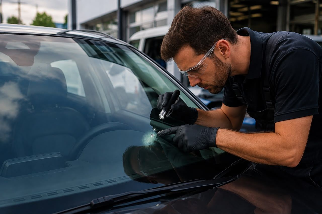 Mechanic inspecting a car windshield with a tool while leaning over the hood.