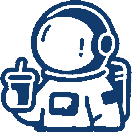 Cartoon astronaut holding a drink, wearing a helmet and suit, in blue and white