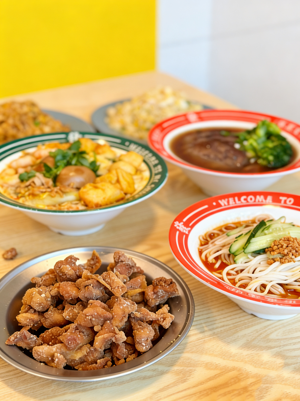 Assorted Asian noodle and rice dishes in colorful bowls on a table