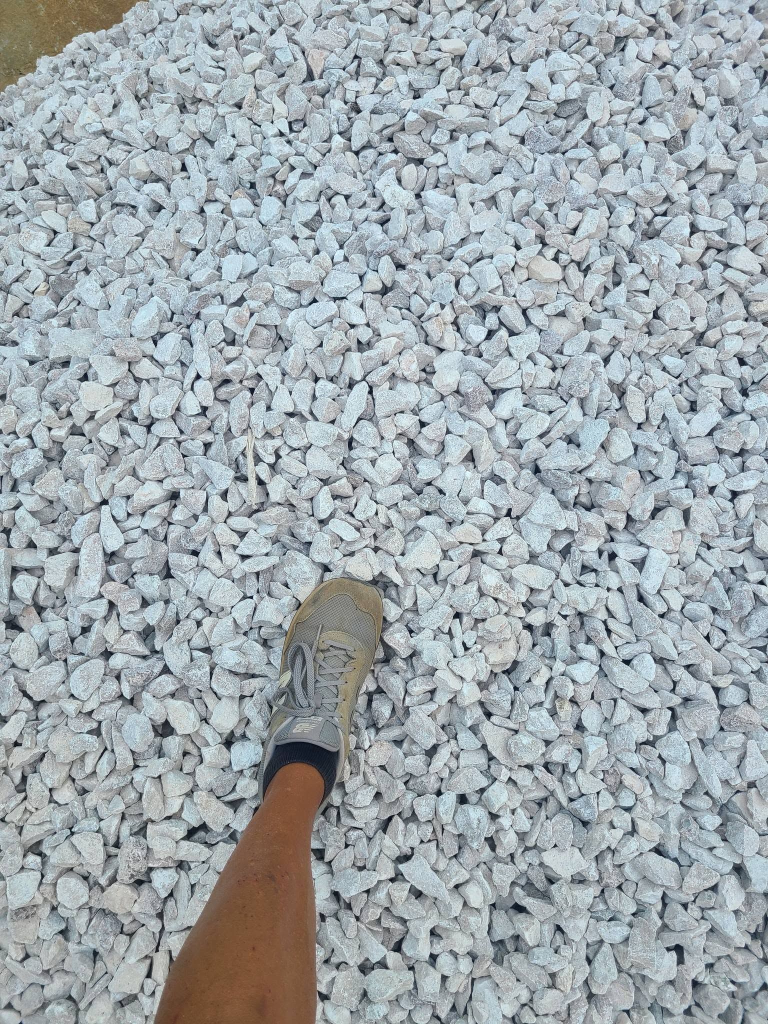 A person's leg and sneaker stepping on white gravel stones.