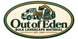 Out of Eden bulk landscape material logo with excavator, dump truck and landscaped oval emblem