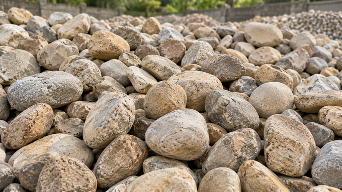 Large white porous rock on wood decking, with small blue trash and a wire nearby.