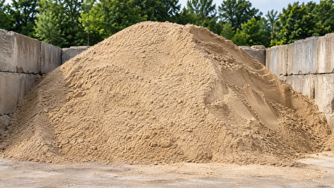 Concrete retaining wall beside a building under construction, with dirt piles and a gravel driveway.
