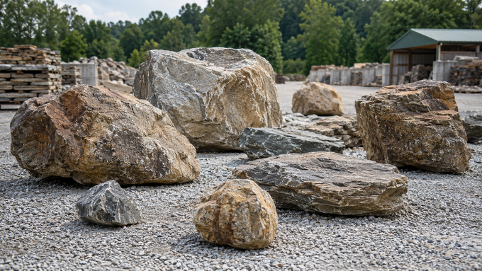 Pile of large gray and tan boulders stacked outdoors against a blue sky