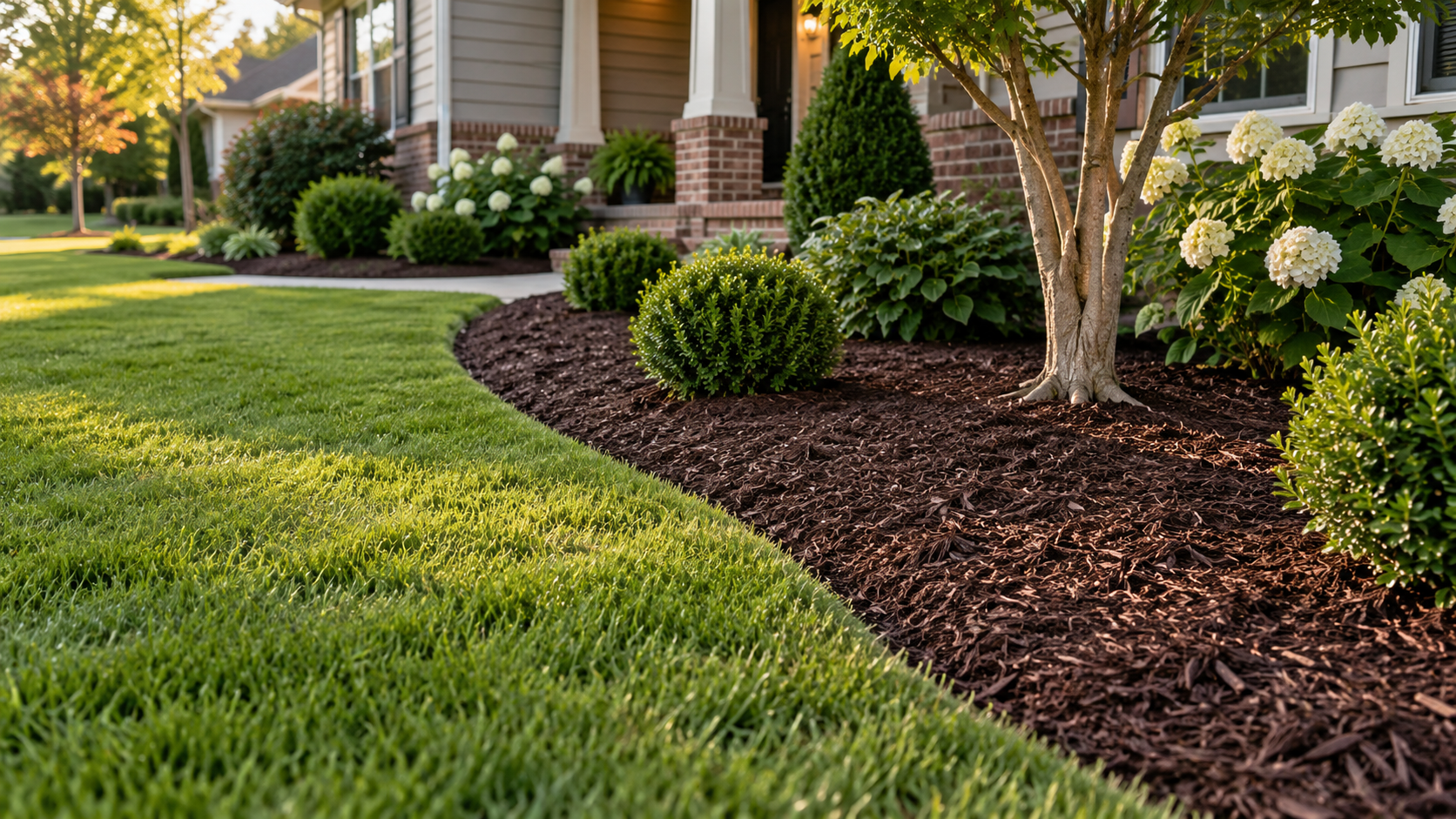 Landscaped front yard with green lawn, shrubs, flowering bushes, and mulch beside a house