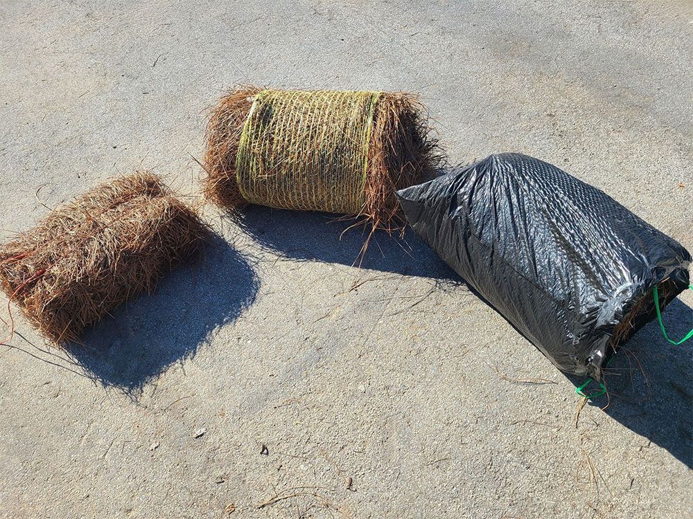Three bundled rolls of straw and netting lying on pavement in sunlight
