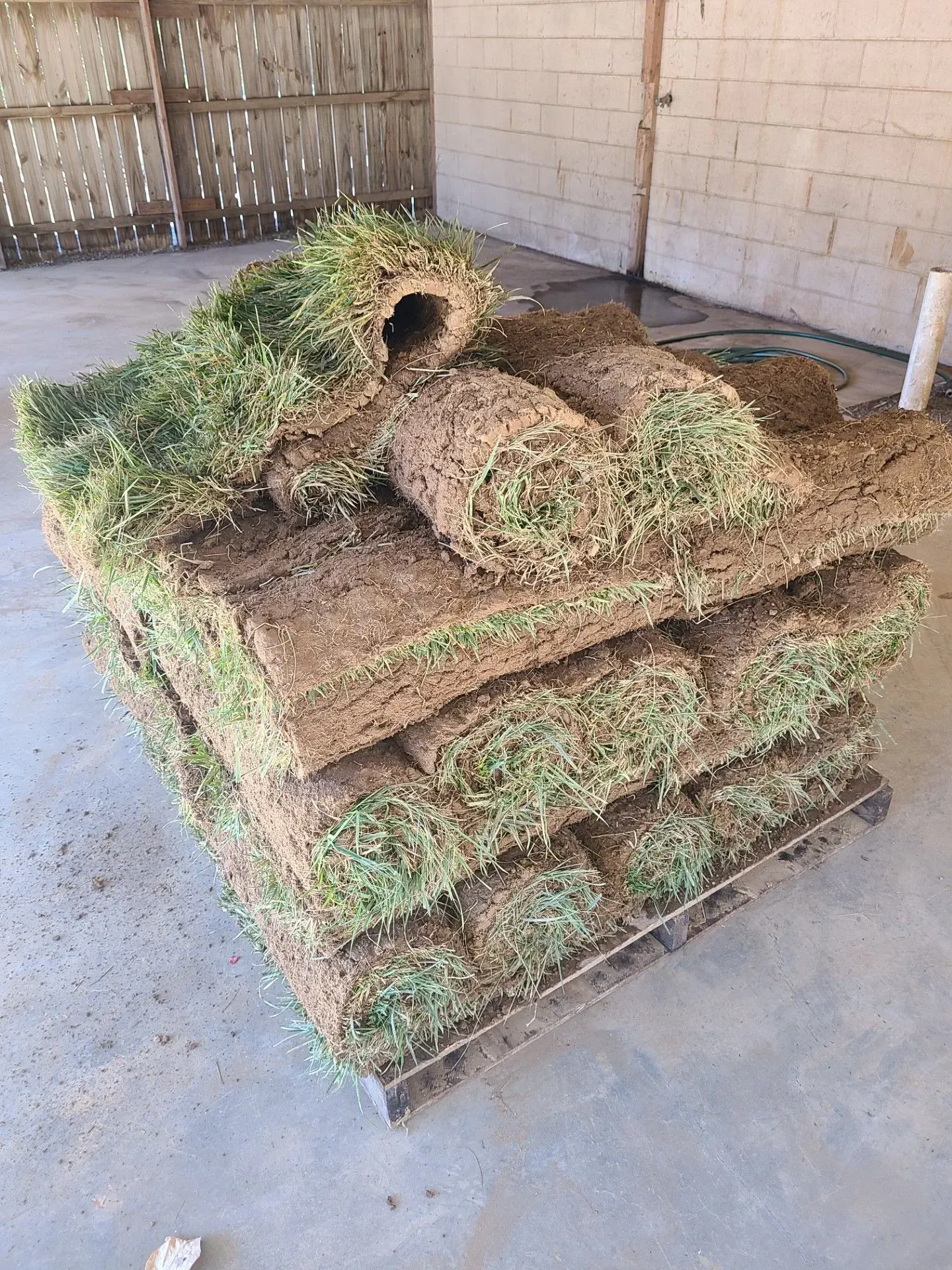 Stacked rolls of artificial turf leaning in a garage or storage area