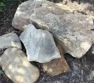 Several large rocks and stones lying on the ground outdoors, with dappled sunlight and dry grass nearby