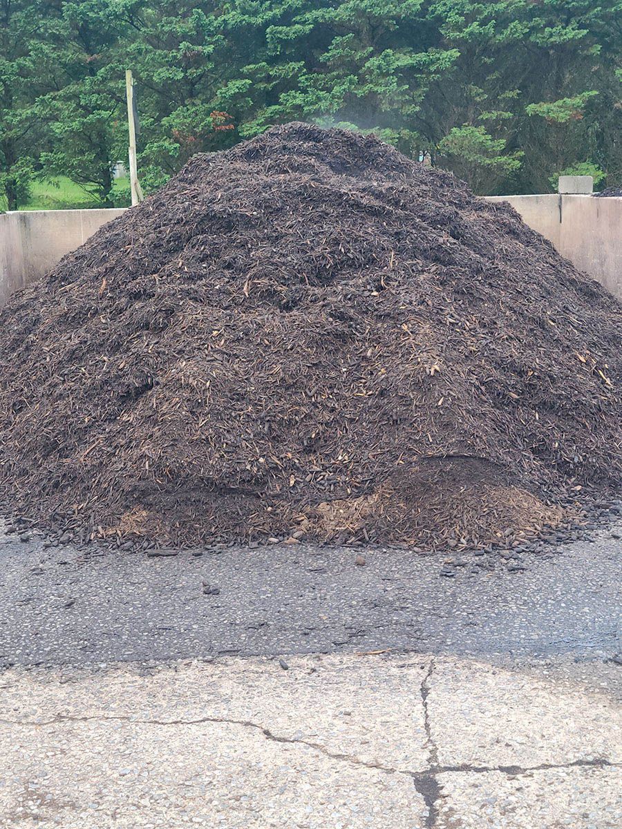 Large pile of dark mulch or compost on gravel, with green trees and a concrete wall in the background.