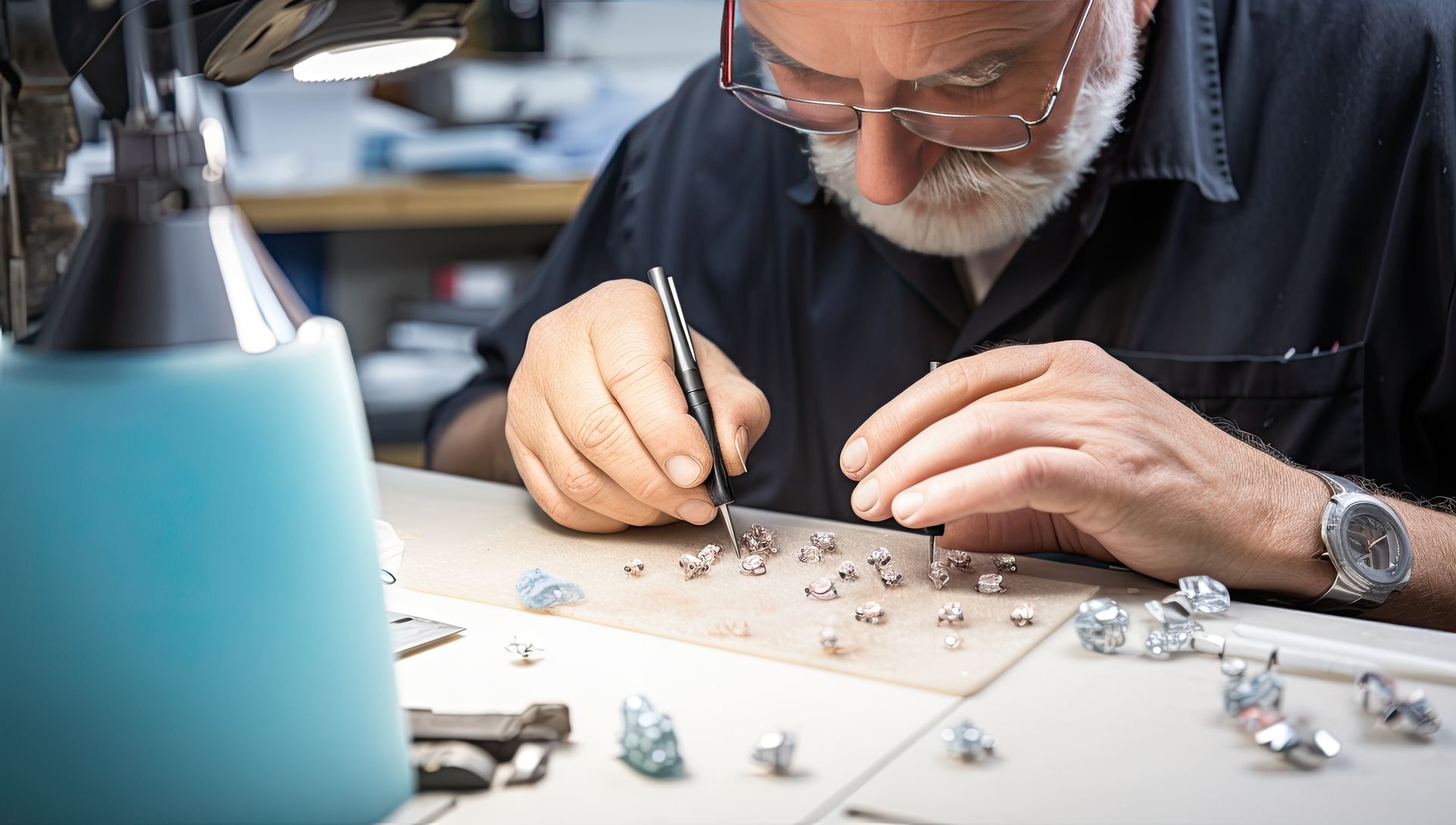 Expert jeweler crafting fine silver jewelry pieces at workbench in professional jewelry workshop.