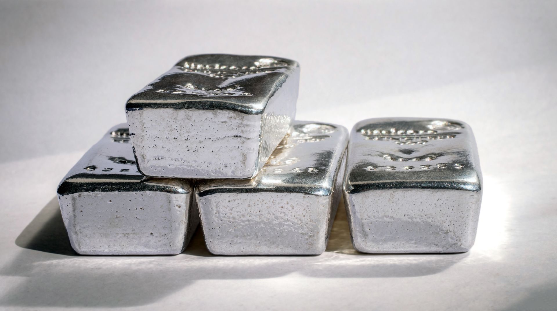 Silver bullion bars stacked on a white surface, reflecting light.