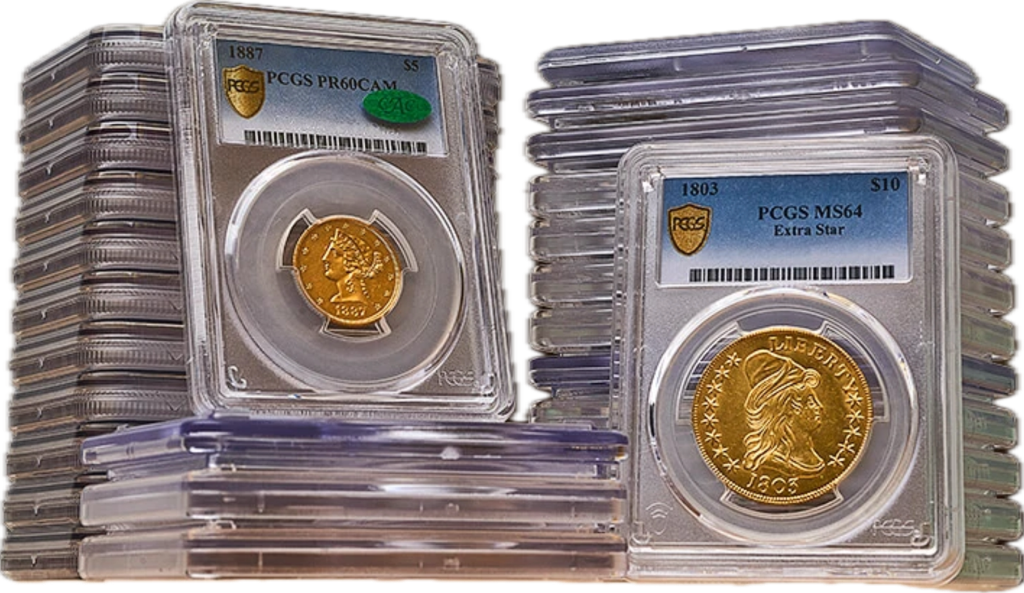 Stacks of gold coins in clear protective cases.