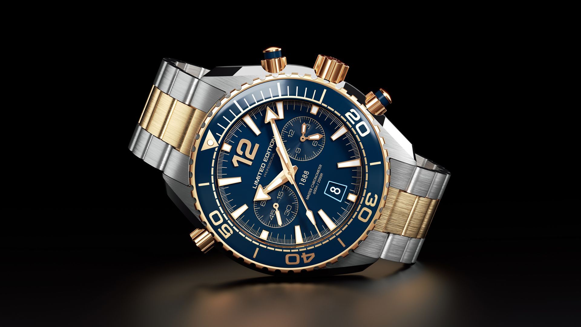 Two-tone metal wristwatch with a blue face, gold accents, and a dark background.