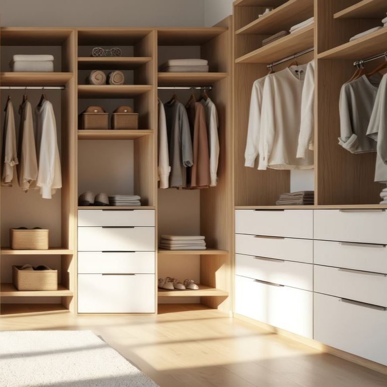 Un dressing lumineux avec des étagères en chêne clair, des tiroirs blancs, des vêtements suspendus et des bacs de rangement bien organisés.