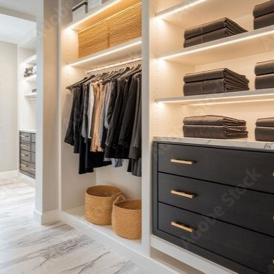 Un dressing moderne avec vêtements suspendus, linge de maison plié sur des étagères éclairées, paniers tressés et tiroirs noirs.