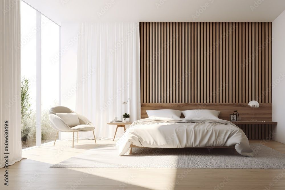 Une chambre moderne et lumineuse avec une tête de lit en bois à lattes, un lit blanc et un fauteuil d'appoint près d'une haute fenêtre à rideaux.