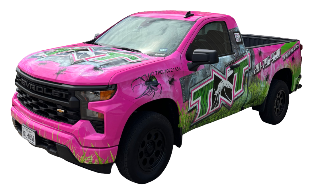 Customized pickup truck with colorful TNT graffiti-style wrap and oversized tires, rear view on white background
