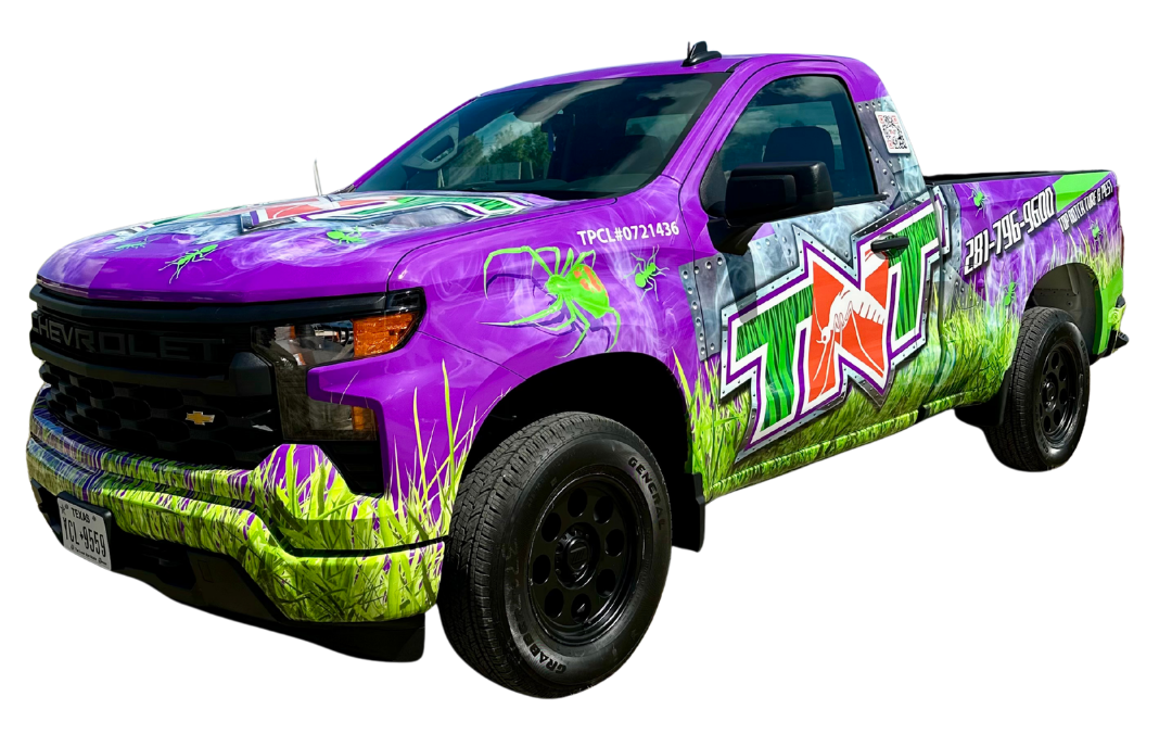 Customized pickup truck with colorful TNT graffiti-style wrap and oversized tires, rear view on white background