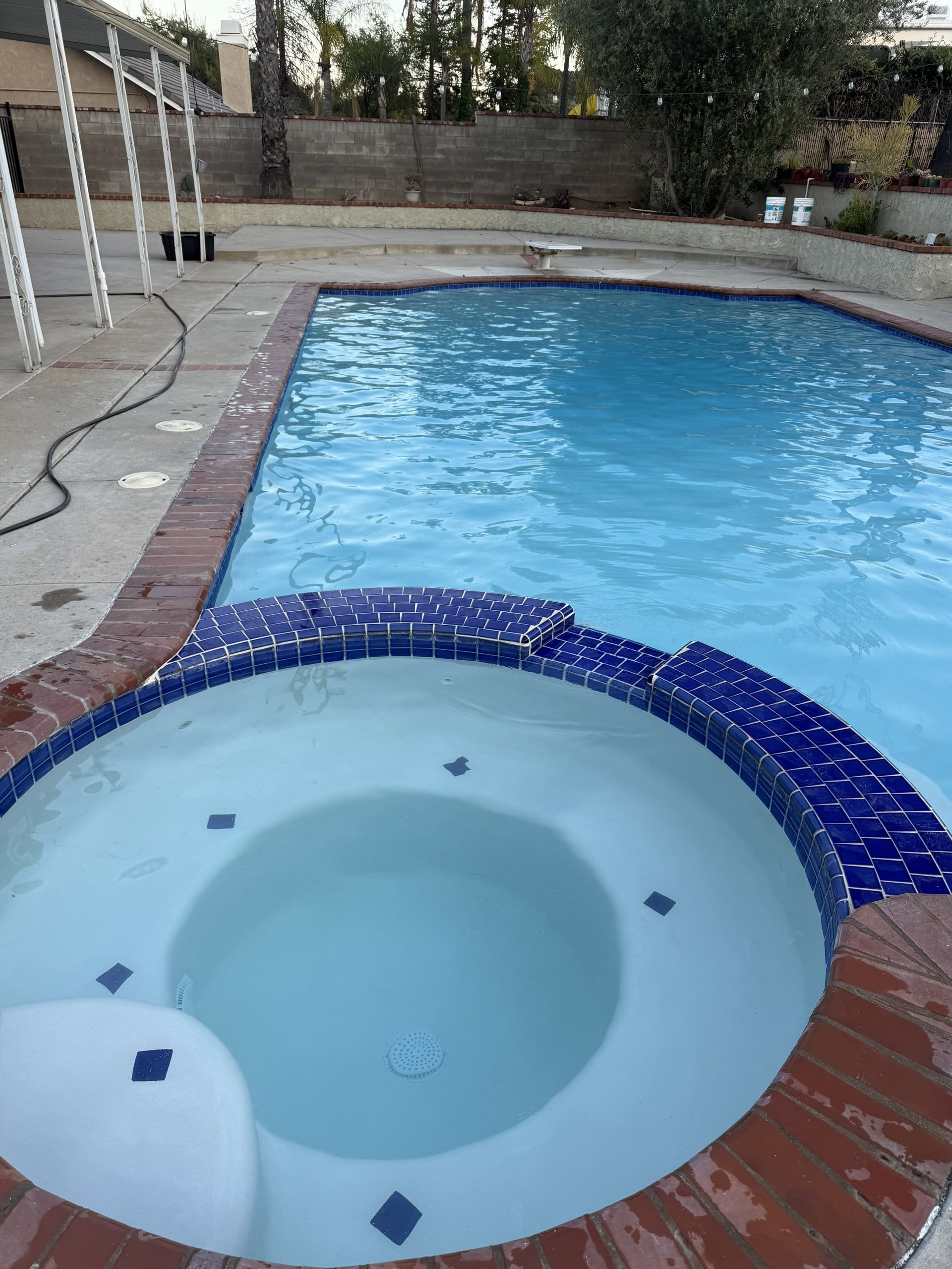 Poolside hot tub with blue tile trim beside a clear backyard swimming pool