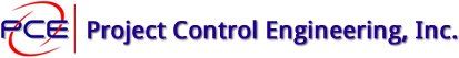 A blue and red logo for project control engineering inc.