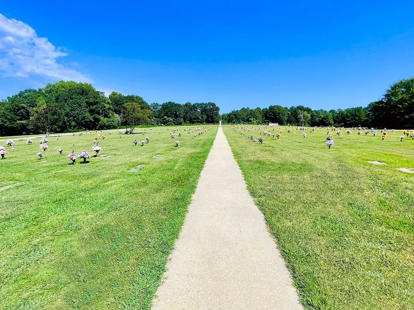 Path through a green cemetery under a bright blue sky