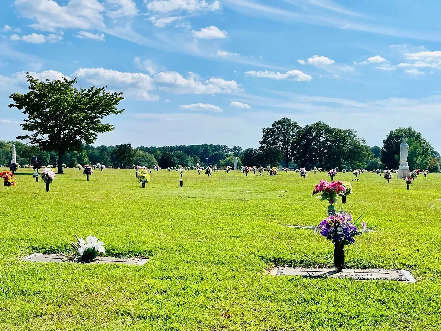 Bright cemetery lawn with scattered graves, flower arrangements, and trees under a blue sky
