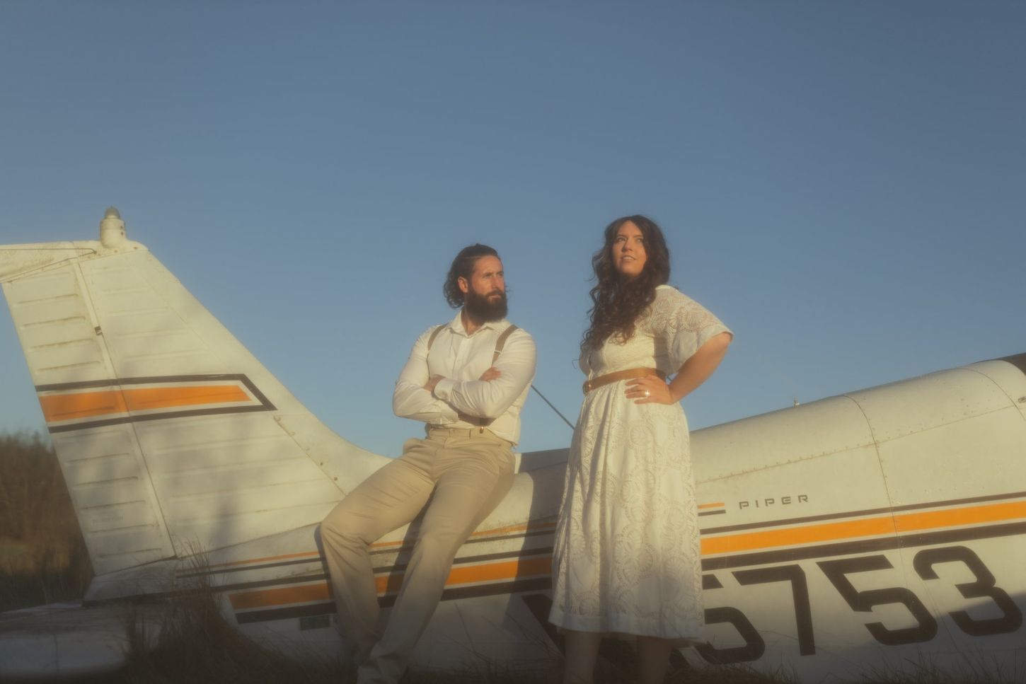 A vintage-inspired couple's photography session on a private airfield in Camano Island.