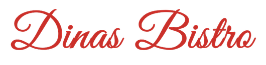 Red cursive &ldquo;Dinas Bistro&rdquo; logo on a white background