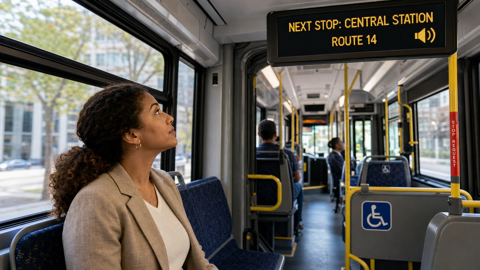 Automatic voice announcement system delivering ADA-compliant stop calls on an airport shuttle