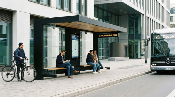 Real-time passenger information display showing live bus arrival times at a transit center