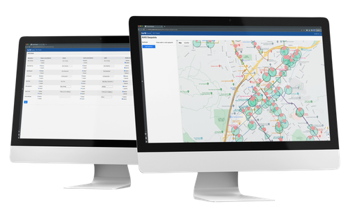 Dual computer monitors showing live vehicle tracking on the Peak Transit CAD/AVL platform