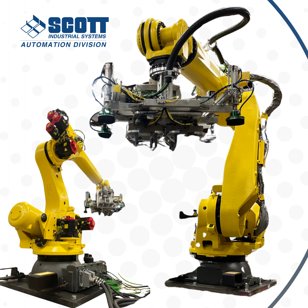 Two yellow industrial robots working, possibly in a factory setting.