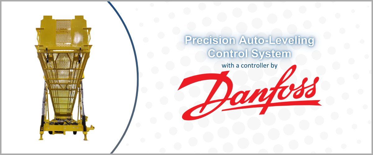 Yellow construction machine, Danfoss logo. Text: Precision Auto-Leveling Control System.